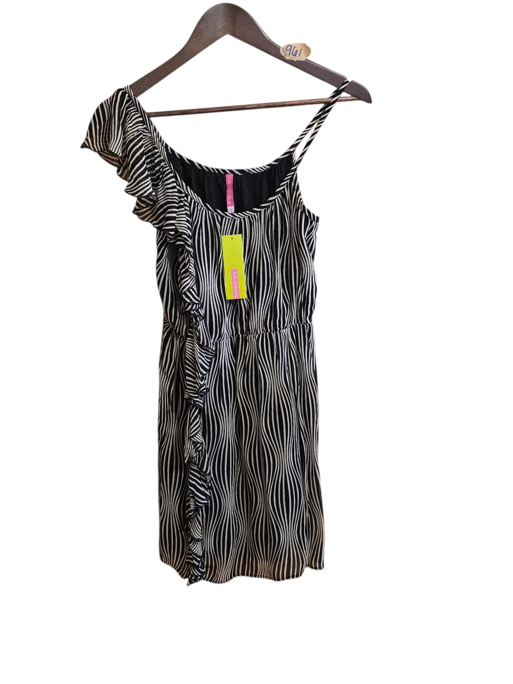 Fashion Spy Black and Cream One-Shoulder Ruffle Dress‎ SZ SM New With Tags